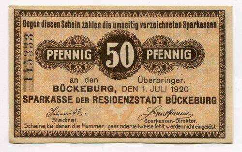 BÜCKEBURG, Sparkasse: 50 Pf 1.7.1920