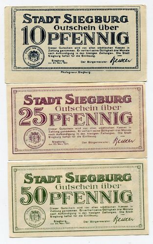 SIEGBURG, Stadt: 10, 25, 50 Pf 20.3.1920