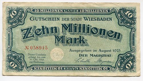 WIESBADEN, Stadt: 10 Mio. Mark August 1923