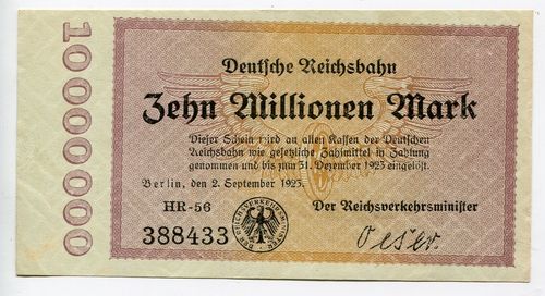 DEUTSCHE REICHSBAHN, Berlin: 10 Mio. Mark 2.9.1923