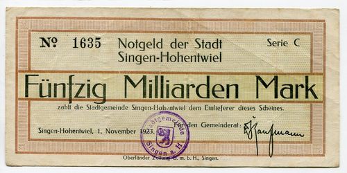 SINGEN-HOHENTWIEL, Stadt:  50 Mrd. Mark 1.11.1923. Rupertus 289.76