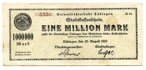 TÜBINGEN, Universitätsstadt: 1 Mio. Mark 25.8.1923