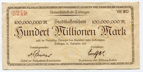 TÜBINGEN, Universitätsstadt: 100 Mio. Mark 24.9.1923
