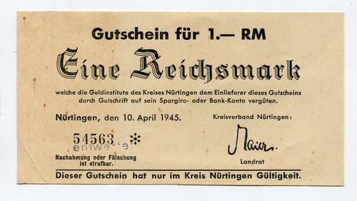 NÜRTINGEN, Kreis: 2 Reichsmark 10.4.1945