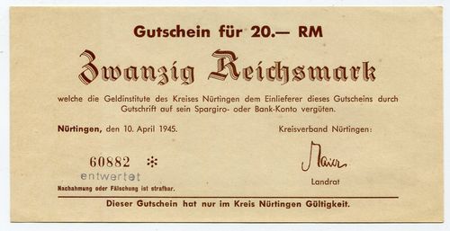 NÜRTINGEN, Kreis: 20 Reichsmark 10.4.1945