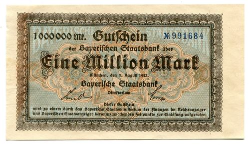 BAYERISCHE STAATSBANK: 1 Mio. Mark 1.8.1923