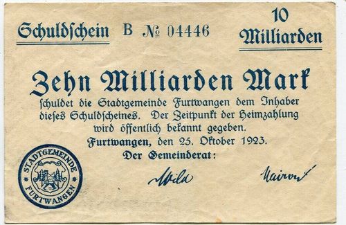 FURTWANGEN, Stadtgemeinde: 10 Mia. Mark 25.10.1923