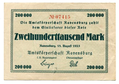 RAVENSBURG, Amtskörperschaft: 200 Tsd. Mark 18.8.1923