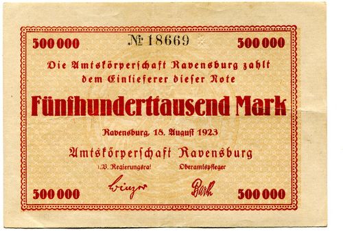 RAVENSBURG, Amtskörperschaft: 500 Tsd. Mark 18.8.1923