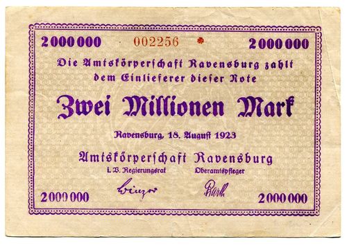 RAVENSBURG, Amtskörperschaft  2 Mio. Mark 18.8.1923