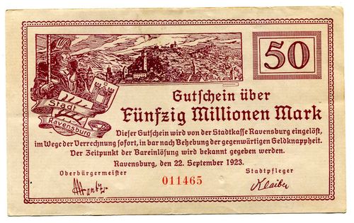 RAVENSBURG, Stadtgemeinde: 50 Mio. 22.9.1923