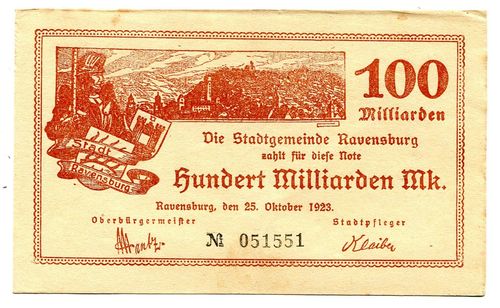 RAVENSBURG, Stadtgemeinde: 10 Mia. Mark 25.10.1923