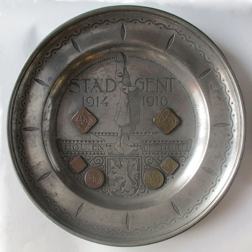 Zinnteller mit 6 Kriegsnotmünzen 1915