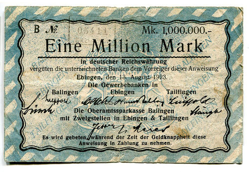BALINGEN, Oberamtssparkasse m. Filialen Ebingen, Tailfingen  1 Mio. Mark 13.8.1923
