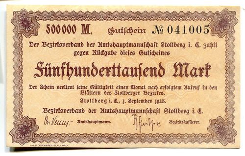 STOLLBERG, Bezirksverband d. Amtshauptmannschaft: 500 Tsd. Mark 1.9.1923