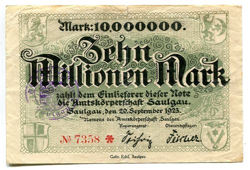 SAULGAU, Amtskörperschaft: 10 Mio. Mark 20.9.1923