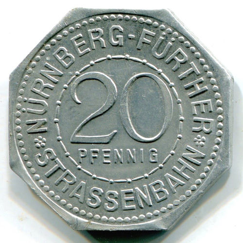 Nürnberg-Fürth: 20 Pf Straßenbahnmarke: Fünfeckiger Turm