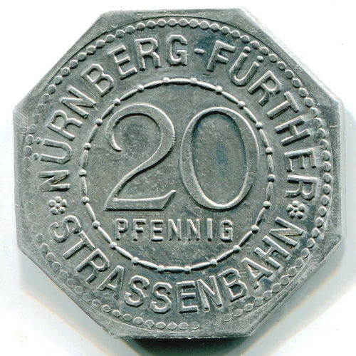 Nürnberg-Fürth: 20 Pf Straßenbahnmarke: Rathaus Fürth
