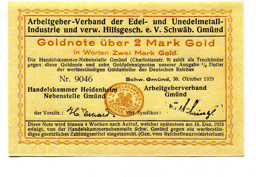 SCHWÄBISCH GMÜND: Arbeitgeber-Verband d. Edel- u. Unedelmetall-Industrie: 2 Mark Gold 30.10.1923