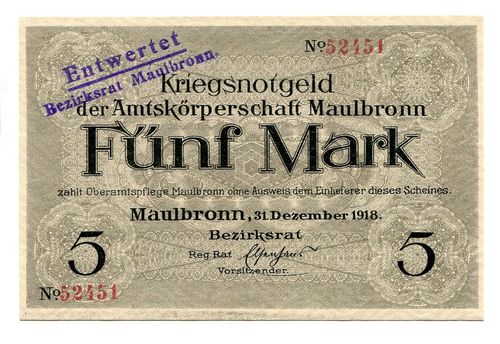 MAULBRONN, Amtskörperschaft: 5 Mark 31.12.1918