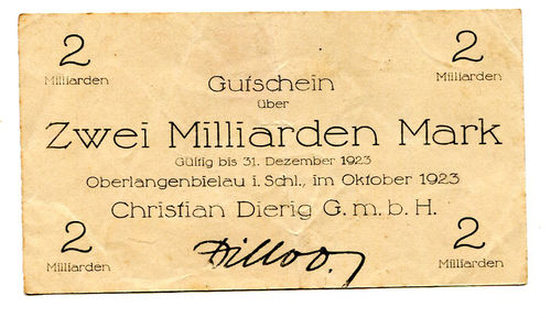 OBERLANGENBIELAU, Christian Dierig G.m.b.H.: 2 Mrd.Mark Oktober 1923